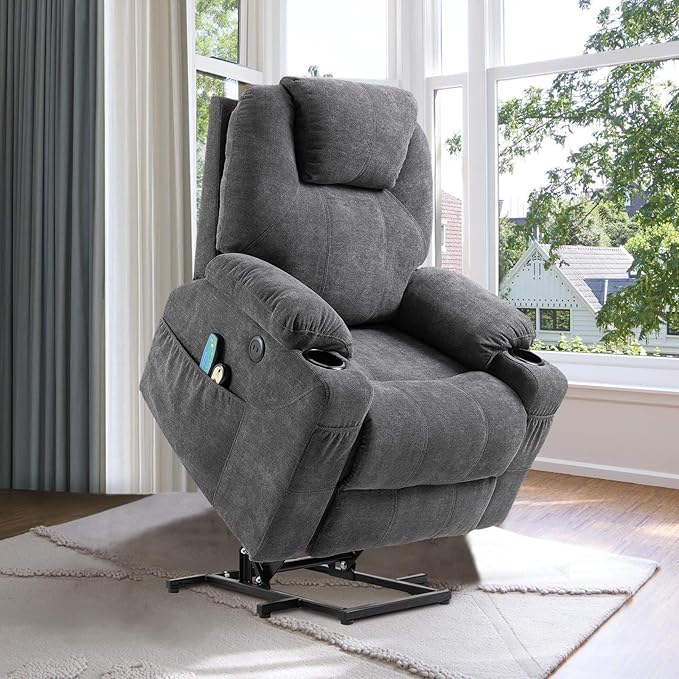 VIVIJASON Power Lift Chair Electric Recliner for Elderly Heated Vibration Massage Fabric Recliner Chair with 2 Remote Controls Cup Holders Side Pockets &amp USB Ports for Living Room (Grey)