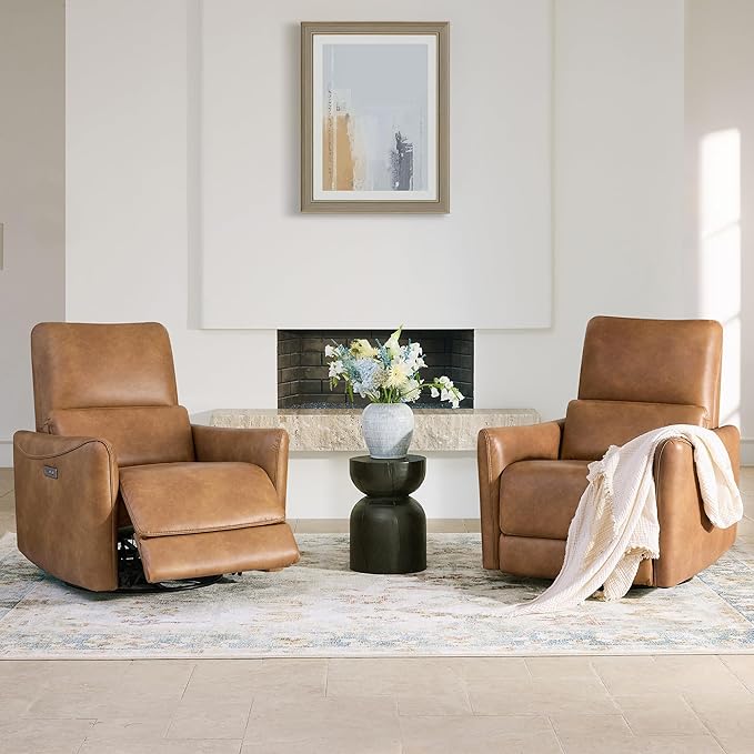 CHITA Power Recliner Chair Swivel Glider FSC Certified Upholstered Faux Leather Living Room Nursery Reclining Sofa Chair with Lumbar Support Cognac Brown