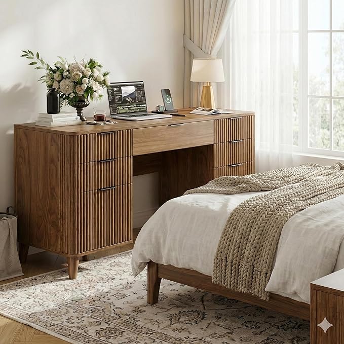 Walnut Desk with Drawers 55 Fluted Executive Desk with Storage Cabinet Wood Home Office Desk with File Cabinet Modern Computer Writing Desk for Study Living Room Bedroom