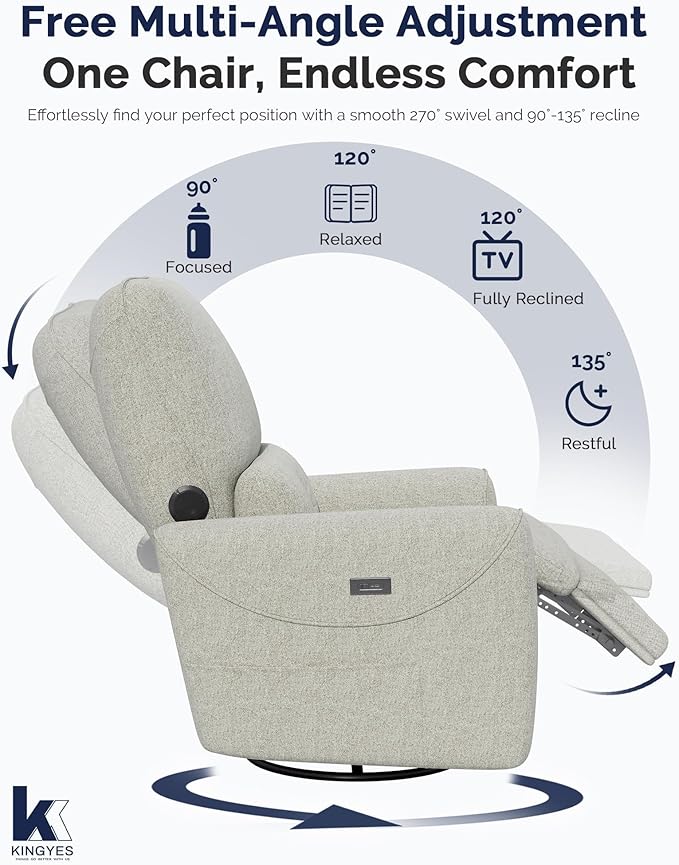 KINGYES Power Recliner Chair 270° Swivel Glider Living Room Recliner with USB-C Port Nursery Rocking Chair Gray