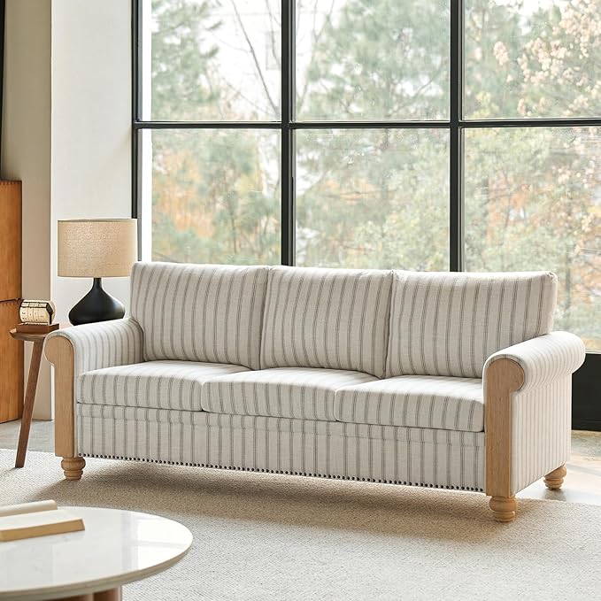 HULALA HOME 81 Farmhouse Couch with Stripe Pattern 3 Seater Sofa with Solid Wood Legs and Rolled Wide Armrests Comfy Upholstered Sofa with Nailhead Trims FSC Certified Stripe