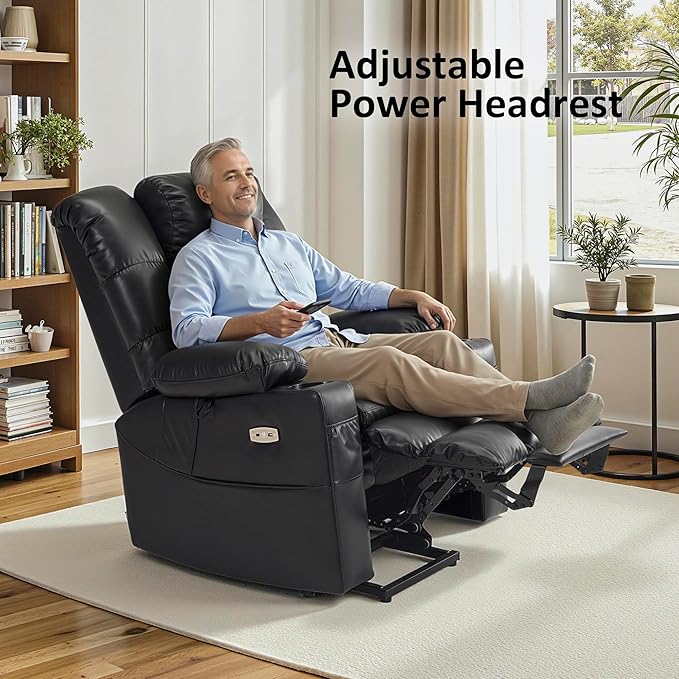 MCombo Oversized Triple Motor Power Lift Recliner Chair with Massage and Dual Heating Adjustable Headrest for Big and Tall Elderly People Faux Leather R7635 (Black Large-Oversize)
