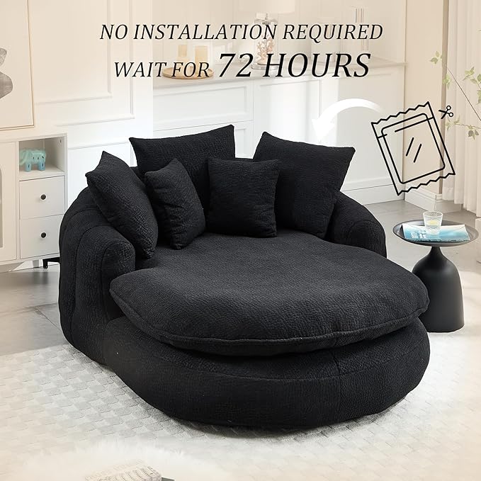 KEIKI 71 Chenille Round Boneless Sofa Couch Oversized Chaise Lounge Chair Couches Indoor No Assembly Required Floor Lazy Bean Bag Modern Sleeper Sofa Bed for Living Guest Room &amp Bedroom Black