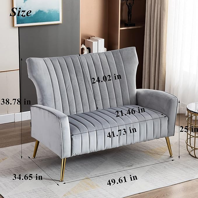Artechworks Tufted Contemporary Velvet Wingback HighBack Loveseat Sofa Chair Upholstered Couch with Gold Metal Legs Two-Seat Sofa for Living Room Bedroom Apartment Small Space Dorm Grey