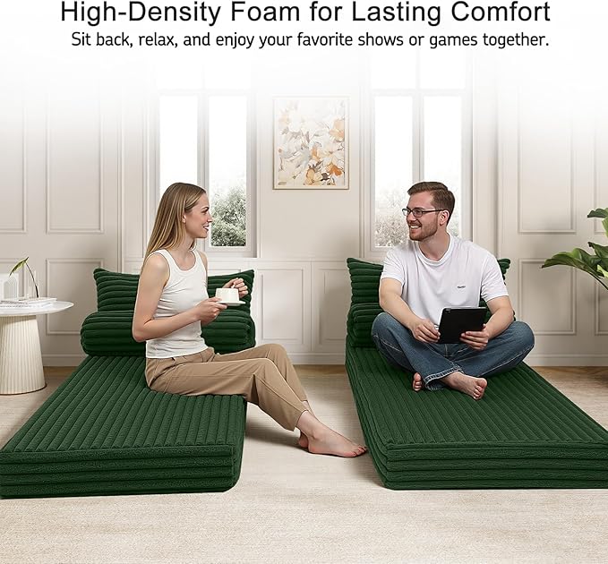 MeMoreCool Convertible Sofa Bed Folding Floor Couch Bed Queen Pull Out Sleeper Couch with Pillows Fold Out Futon Sofa for Bedroom Living Room Small Space Corduroy Green