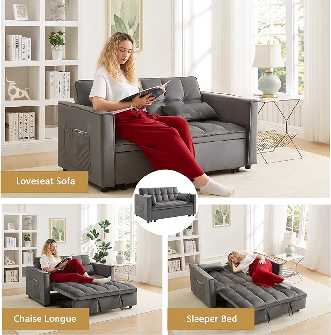 54'' 3 in 1 Convertible Sleeper Sofa Bed Futon Couches Bed for Living Room with Side Pocket | Adjustable Backrest| Velvet Fabric | Pull Out Couch | Love Seat Sofa Grey