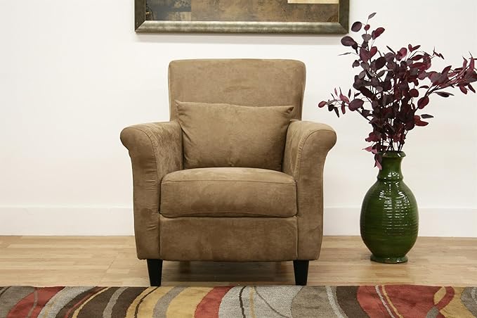 BOWERY HILL Contemporary Microfiber Upholstered Club Arm Chair Tan Finish Foam Cushioned Solid Wood Frame Matching Pillow Included Tapered Black Plastic Legs 33 H x 31 W x 30 D for Living