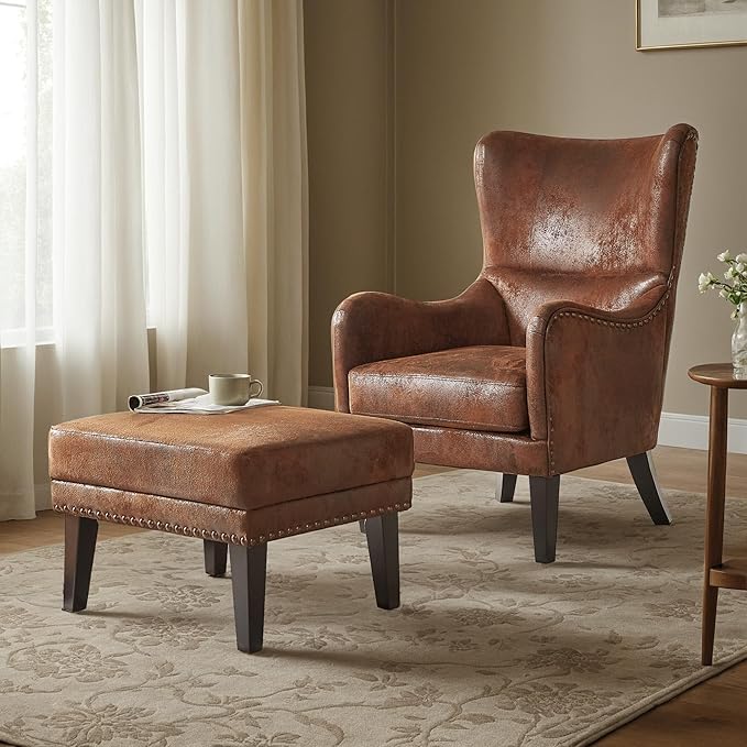 Mid-Century Modern Accent Chairs with Ottoman Footstool Set Wingback Club Chair with Footrest Set Nailhead Trim | Solid Wood | Vintage Distressed Including Chair and Ottoman