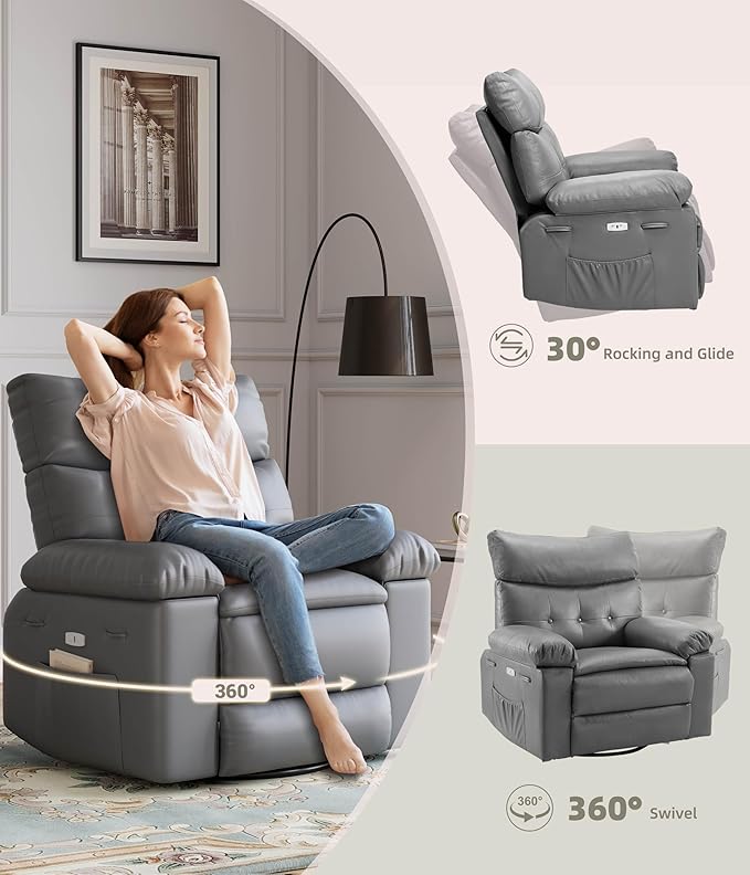 GarveeHome Oversized Power Rocker Swivel Recliner Chair - Heat and Massage PU Leather Electric Glider Rocking Chair with USB Charge Glider Recliner Nursery Chair for Living Room Nursery Bedroom