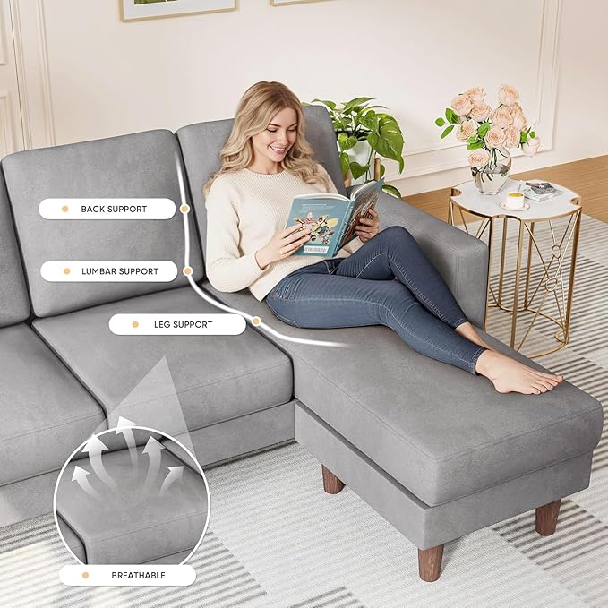 Homall Convertible Sectional Sofa 3 Seat L Shaped Couch with Side Storage Pocket Sofas with Movable Ottoman Small Linen Couches for Living Room &amp Apartment (Linen Fabric Light Grey)