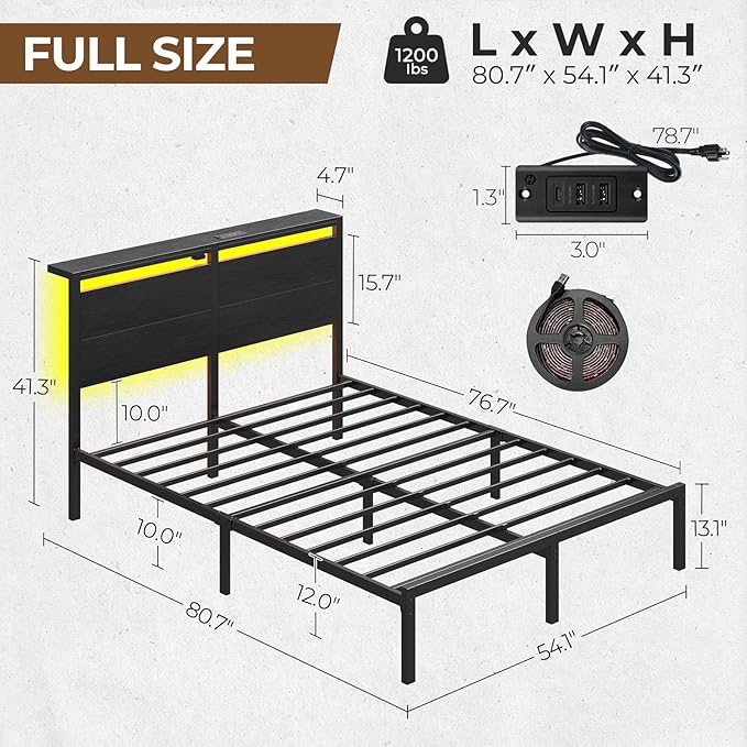 Rolanstar Full Size Bed Frame with Charging Station LED Full Bed Frame with Wood Storage Headboard Platform Bed with Metal Slats &amp Under Bed Storage No Box Spring Needed Noise Free Black Oak