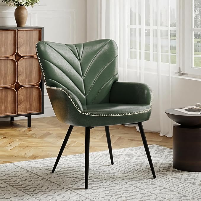 Mid-Century Modern Green Faux Leather Accent Chair Upholstered Armchair for Living Room/Bedroom/Reading Corner Curved Back &amp Padded Arms High-Density Cushion Metal Legs Easy-to-Clean Design