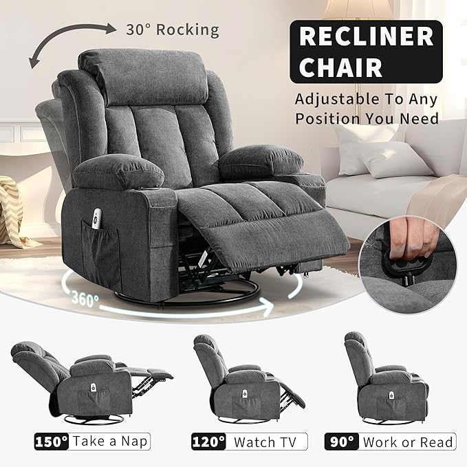 GAOMON Rocker Swivel Recliner Chair with Heat Massage Large Wide Lazy Boy Single Sofa Seat with 3 Positions 2 Side Pockets Cup Holders USB Ports Remote Control