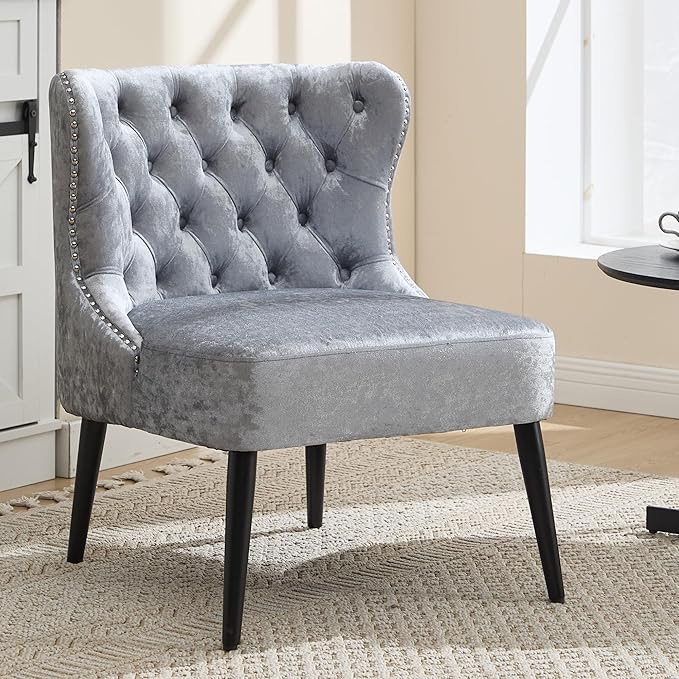 Armless Accent Chair Upholstered Velvet Button Tufted Living Room Chair with Wingback &amp Wood Legs Modern Comfy Slipper Chair for Apartment Waiting Room Bedroom Office Grey