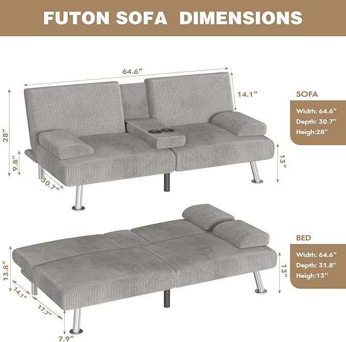 Homall Futon Sofa Bed Futon Couch with Removable Armrests Adjustable Recliner Sleeper Sofa Bed with Dual Cup Holders for Living Room Apartment Office (Corduroy Grey)