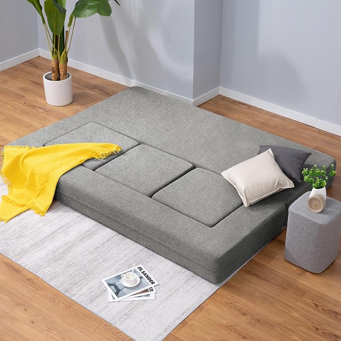 Mjkone Convertible Futon Sofa Bed Multifunctional Sleeper Sofa Queen Size Velvet Memory Foam Fold Out Couch with 3 Ottomans Guest Sleeper for Living Room Fashionable Light Gray