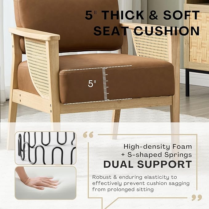 Mid-Century Accent Chair Modern Rattan Armchair PU Leather Lounge Chair with Wood Legs Upholstered Leisure Chair for Living Room Bedroom Reception Room Brown