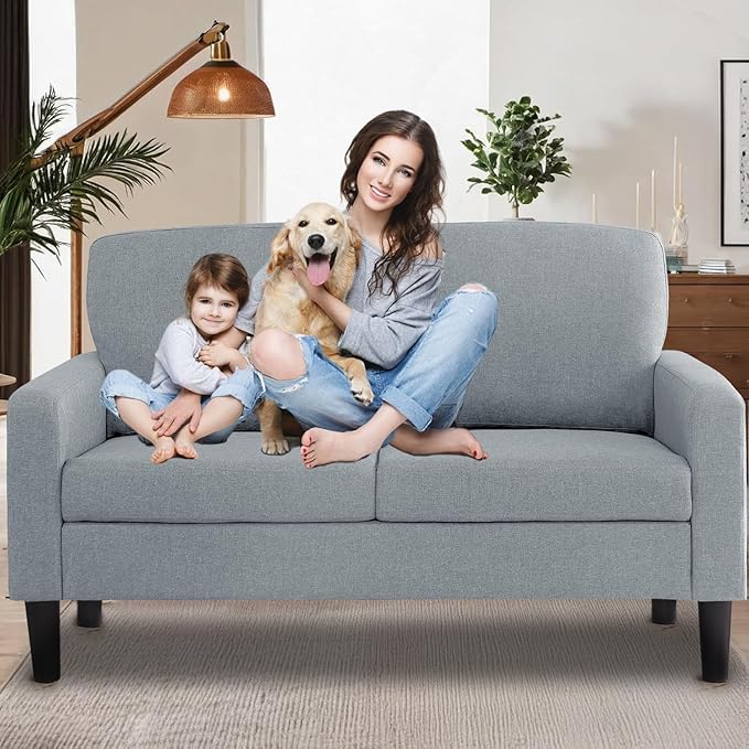 53 Loveseat Sofa Modern Small Couch Sofa Settee Loveseat Linen Fabric Upholstered 2-Seat Sofa Furniture Love Seat for Small Spaces Dorm Room Bedroom Apartment with Wood Legs Light Grey