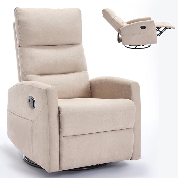 KEIKI Swivel Rocker Recliner Chair with Adjustable Backrest &amp Pockets Ergonomic Lounge Sofa Chair for Living Room Bedroom Beige
