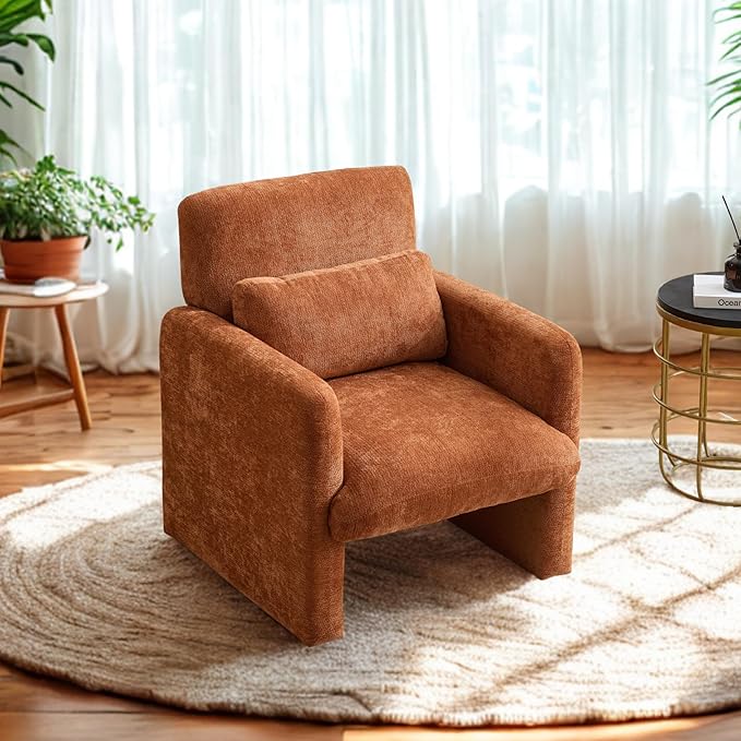GDFStudio 30 Modern Accent Chair Upgrade Leisure Boucle Upholstered Armchair with Straight Arms and Waist Pillow Comfy Single Sofa Chair for Living Room Bedroom Office Apartment Orange