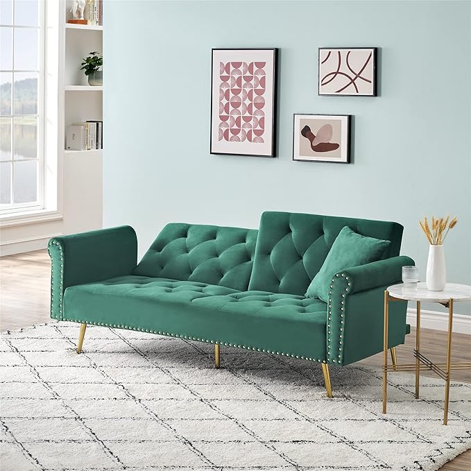 69.7'' Convertible Velvet Sleeper Sofa Bed Upholstered Futon Couch with Nail Head Trim and 2 Matching Throw Pillow for Living Room Bedroom Home Office (Green)