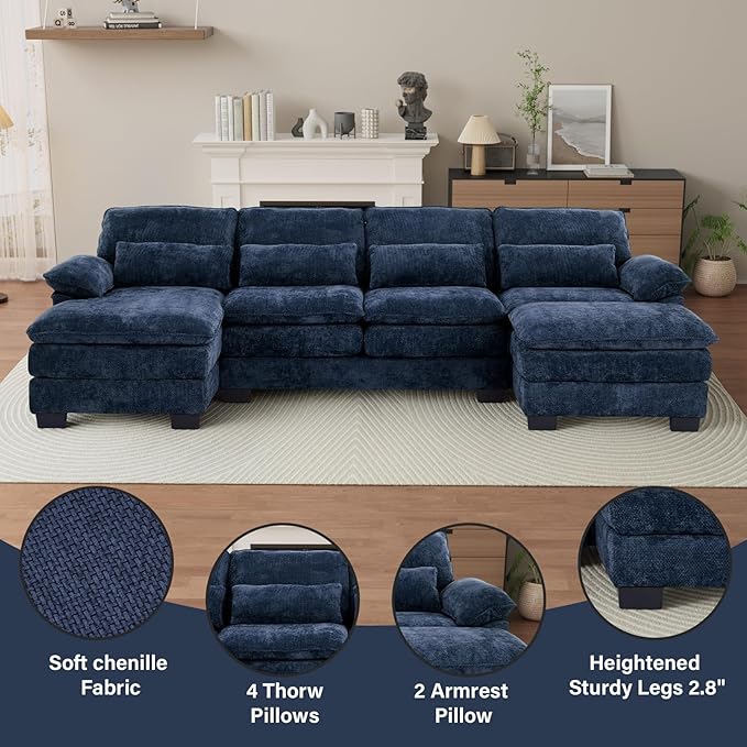 OUYESSIR 114 U Shape Sectional Cloud Couch with OttomanFluffy Sectional Couches for Living Room4 Seater Modular Sectionals SofaComfy Cloud Sofas &amp Couches with 4 PillowsNavy Blue
