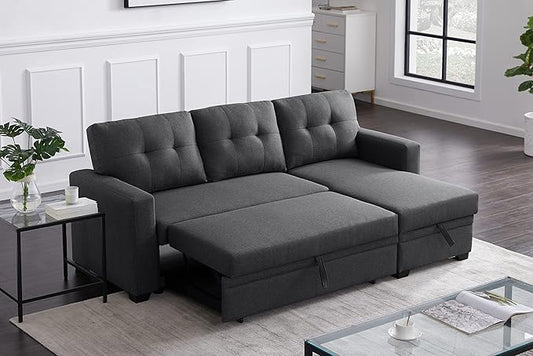 ACQCA 82 L Shaped Sleeper Sofa Pull Out Couch Bed with Storage Chaise and 3 Tufted Back Cushion for Living RoomApartmentOfficeDark Gray