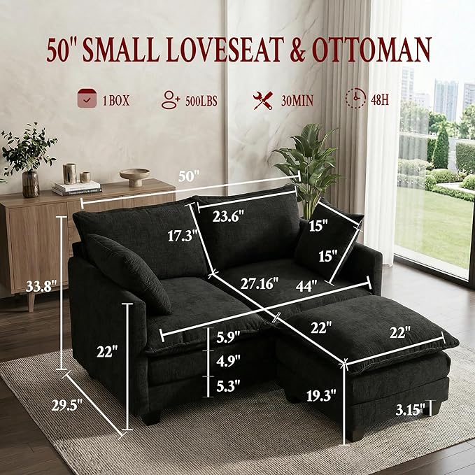 KYJ 50 Loveseat Sofa Couch with Ottoman 2 Seater Couch Small Compact Chenille Cloud Sofa 27 Deep Seat with Detachable Pillow Cover for Bedroom Living Room Dorm Apartment Small Spaces 2-Black-L