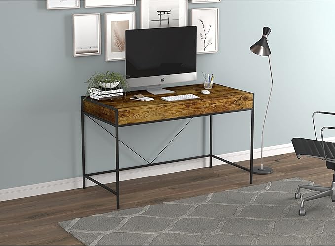 Safdie &amp Co. Computer Desk 49inch for Home Office and Small Spaces with 2 Drawers Brown Reclaimed Wood with Black Metal. Ideal for Writing Gaming Study Work from Home.