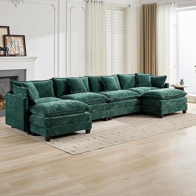 146.5 U Shaped Couch Modular Sectional Sofa Comfy Chenille Cloud Couch with Movable Ottoman and Pillow Modern 4-Seater Deep Seat Sofa for Living Room (Olive GreenU Shaped Sofa)
