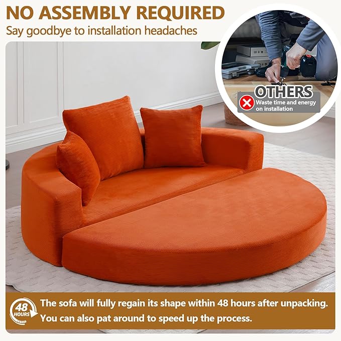 67” Foldable Couch Bed Corduroy Round Floor Couch with 3 Comfy Pillows 2 in 1 Convertible Sofa Bed for Living Room Apartment 380 LBS Capacity No Assembly (Orange)