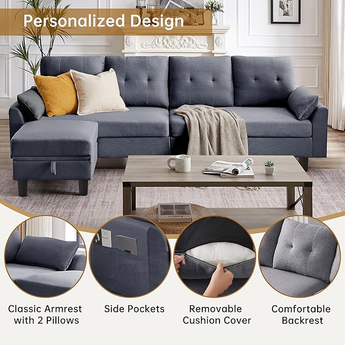 Convertible Sectional Sofa Couch 102 L Shaped Couch with Storage Ottoman and Side Pocket Modern Polyester 4-Seat Reversible Sofa Set for Living Room Light Grey