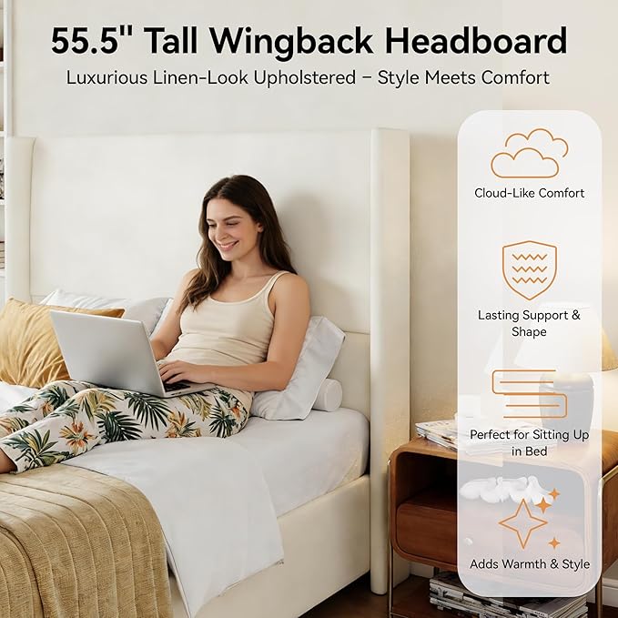 Queen Bed Frame Upholstered Platform Bed with 55.5 Tall Wingback Headboard Solid Wooden Slats Noise-Free Mattress Foundation No Box Spring Needed Easy Assembly Beige