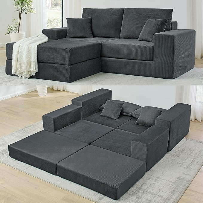 Boneless Couches for Living Room Modern Corduroy Couch Convertible Sleeper Sofa Folding Sofa Bed Mattress Couch for Bedroom Small Spaces - No Assembly Needed in Grey