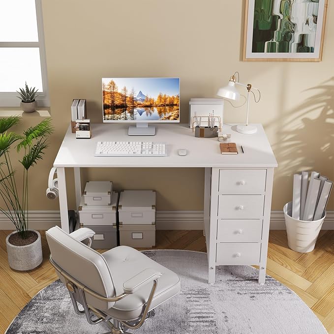 Lufeiya Small White Desk with Drawers for Bedroom 40 Inch Kids Girls Study Desks Reversible Computer Writing Nail Table with Fabric Drawer for Small Spaces Home Office Manicure