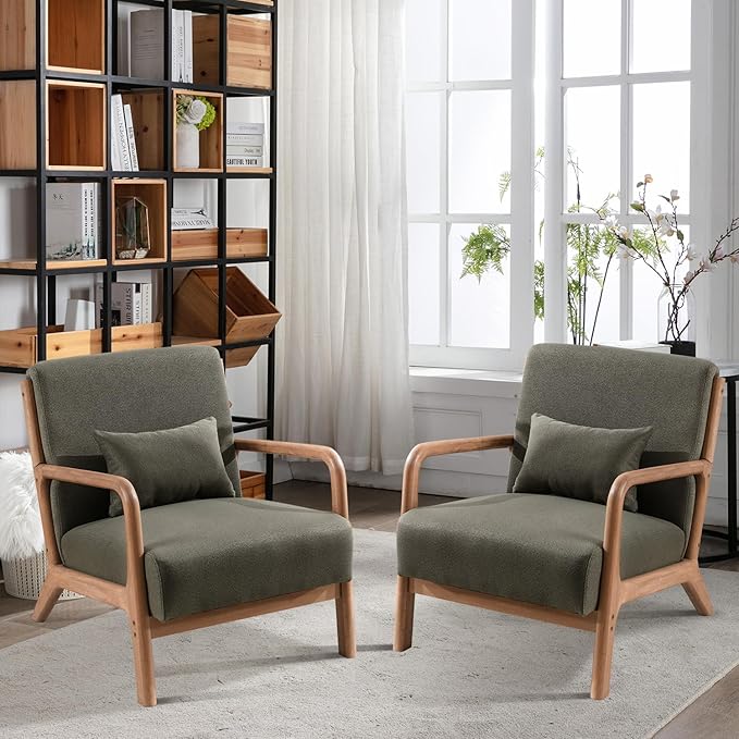 INZOY Mid-Century Modern Accent Chair Set of 2 Green Reading Armchair with Waist Cushion Upholstered Living Room Chairs for Bedroom Sunroom