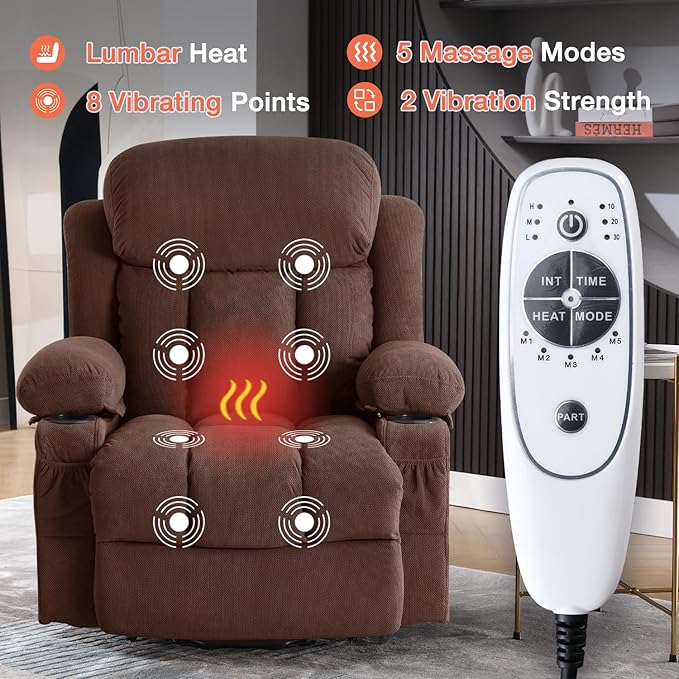Power Lift Recliner Chair for Elderly with Vibration Massage and Lumbar Heating Electric Lift Recliner Single Sofa with Side Pocket Two Cup Holders and USB Charge Port for Living Room