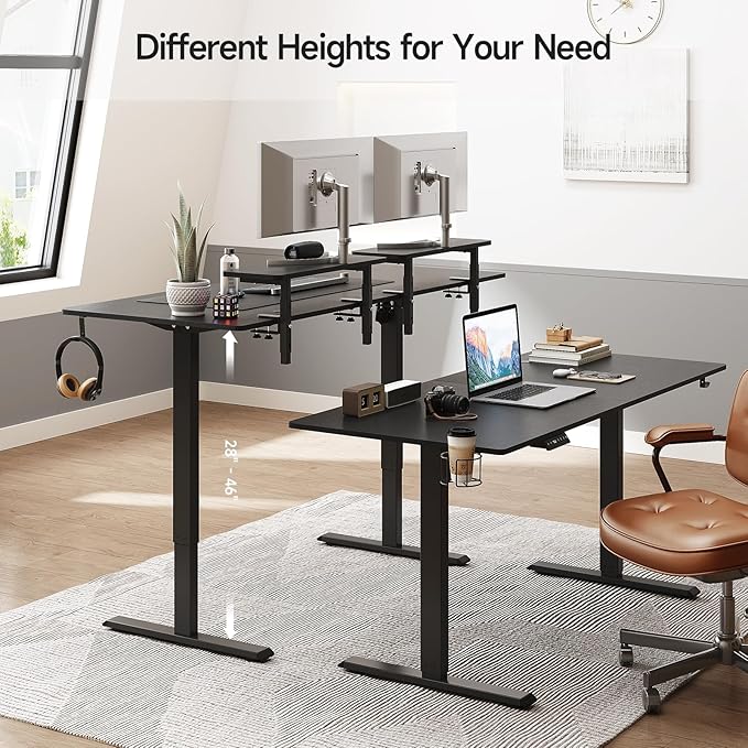 ONBRILL Standing Desk with 2 Adjustable Monitor Shelves 71 x 24 Inches Electric Stand Up Desk with Memory Controller and Adjustable Height from 28-46 inches for Computer Workstations Black