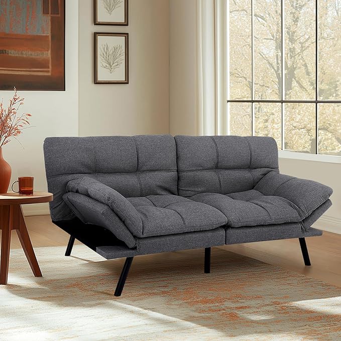 MUUEGM Convertible Futon Sofa Bed71 Memory Foam Futon CouchLinen Modern Loveseat Sleeper Couch with Adjustable Backrest &amp ArmrestDetachable Cushion for Living RoomOfficeApartmentGrey