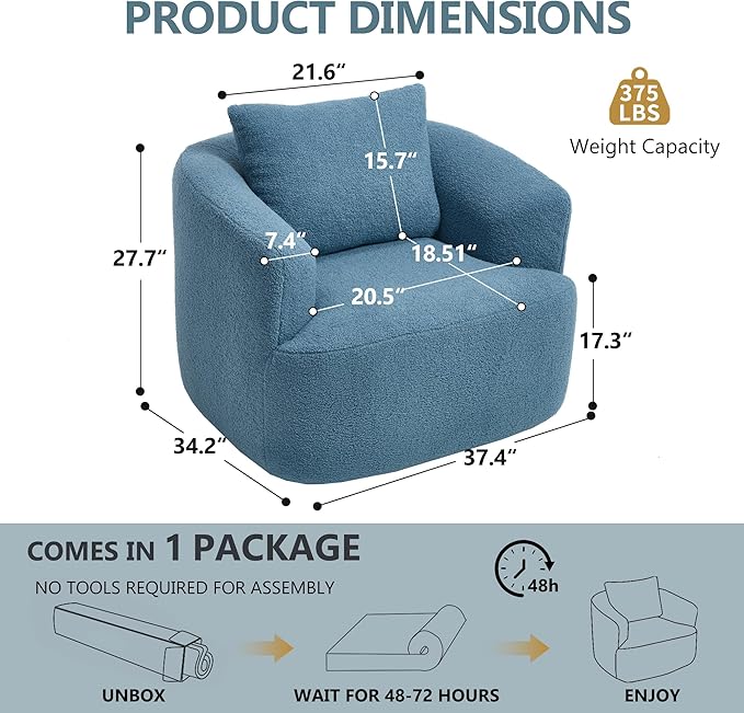 PELUMY Swivel Accent Chair Modern Round Barrel Chair Soft Teddy Fleece Fabric Swivel Chair for Living Room 360 Rotating Small Space Comfort Reading Chair No Tools Assembly (Blue)
