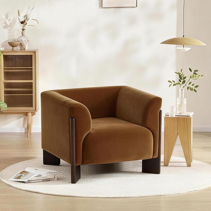Oversized Accent Chair Velvet Fabric Upholstered Club Chair for Living Room 41 Width Single Sofa Chair with Curved Handrail and Solid Wood Legs Modern Arm Chair for Bedroom Home Orange