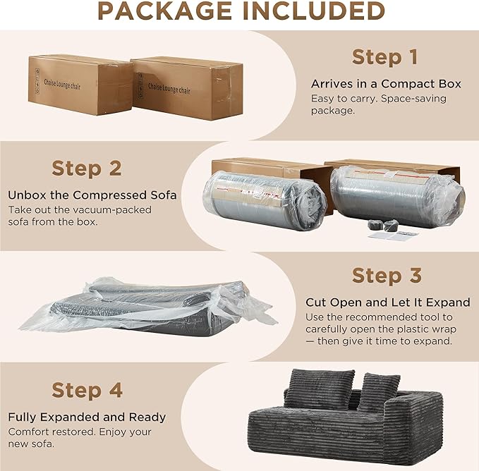Modular Compressed Sectional Sofa Set – Velvet Corduroy Upholstery Convertible Couch with Cup Holders and Pillows for Living Room Grey