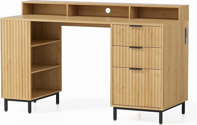 55'' Fluted Executive Desk with Drawers Modern Home Office Computer Desk with Charging Station File Drawer Monitor Stand Storage Shelf for Work Writing Study Natural Oak