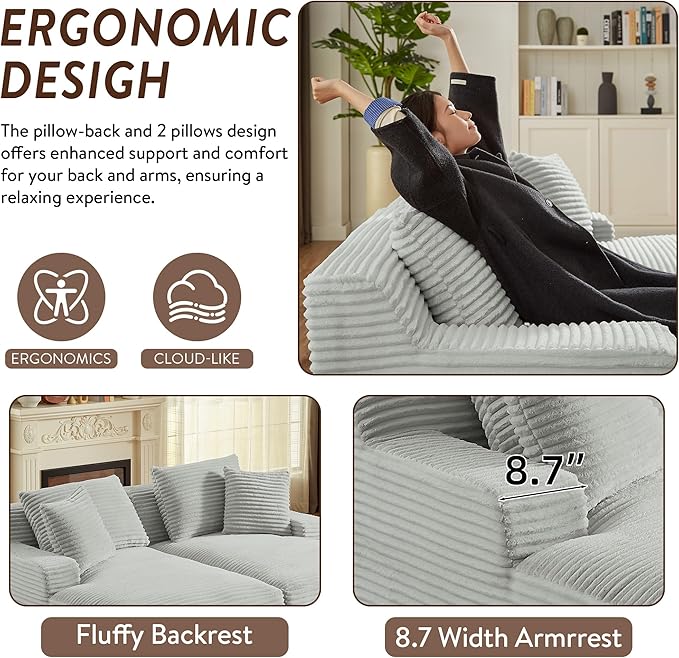 Oversized Double Chaise Lounge Chair IndoorWide Corduroy Boneless Chaise Lounges SofaComfy Upholstered Cloud Couch No Assembly Required Loveseat Sleeper Chair Bed for Living Room(Light Grey)