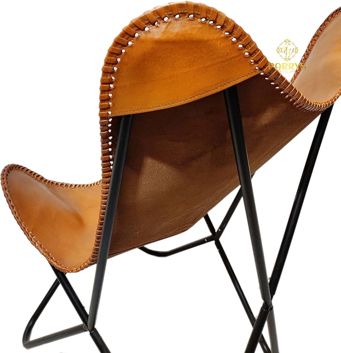 Parry Leather Butterfly Chair for Living Room - Handcrafted Brown Buffalo Leather Foldable Powder Coated Iron Frame Relaxing Chair for Home Decor Lounge Accent Outdoor Indoor