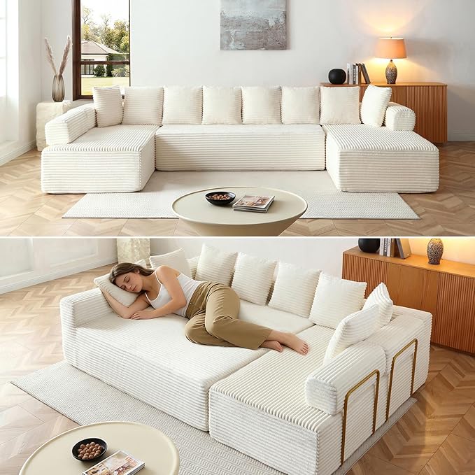 145 Oversized Cloud Boneless Sectional Sofa with Chaise Corduroy U Shaped Modular Couch with Deep Seat Fixed Frame Comfy Corner Sofa No Assembly Required (Beige)