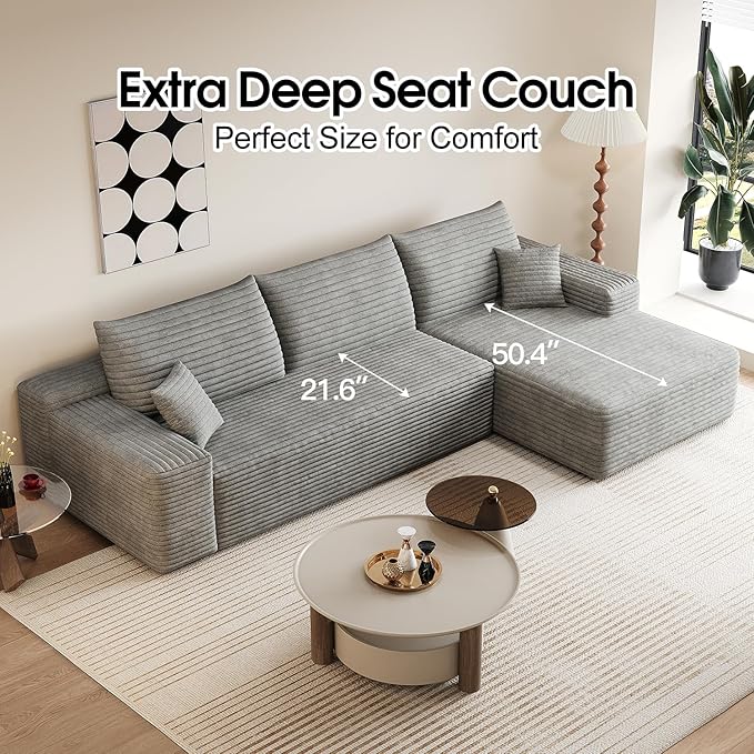 107.5 L-Shaped Sectional Modern Boneless Corduroy Couch with Chaise-No Assembly Required! Deep-Seat Upholstered Modular Cloud Sofa for Living Room Plush Corduroy Fabric (GreyRight Facing Chaise)