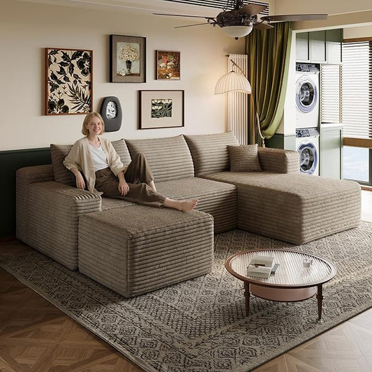 96 U-Shape Boneless Modular Sectional Cloud Couch with Chaise and Ottoman‌-Modern Comfy Corduroy couches for Living Room-Memory Foam SofaNo Assembly Required(Camel 96 Right Facing Chaise+Ottoman)