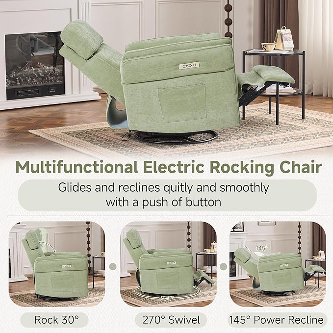 MELLCOM Power Recliner Rocking Chair Nursery Gliders with Adjustable Armrests and Headrest Swivel Electric Glider Reclining Nursing Chair with USB Port and Storage Bags FSC Certified(Fabric Green)