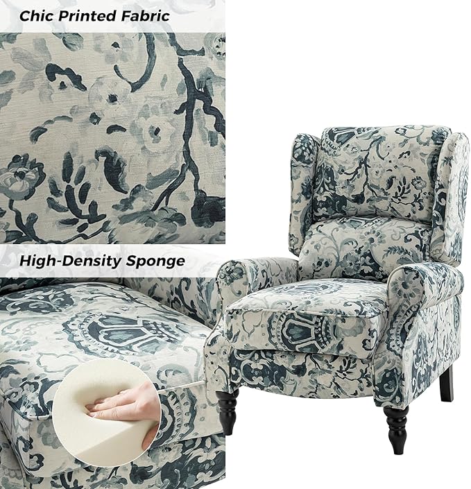 HULALA HOME Upholstered Wingback Recliner Chair Small Adjustable Footrest Push Back Single Reclining Sofa Mid Century Modern Lounge Armchair for Living Room Bedroom Reading/Floral